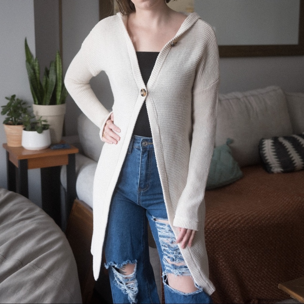 Long Hooded Cream Cardigan